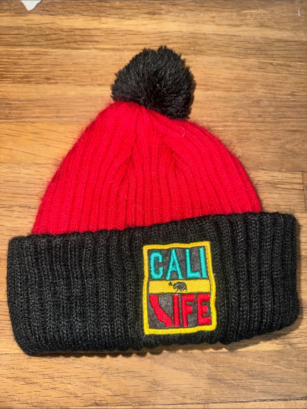Vintage Eclipse Red & Black Pom Pom Beanie | Embroidered "Cali Life" California